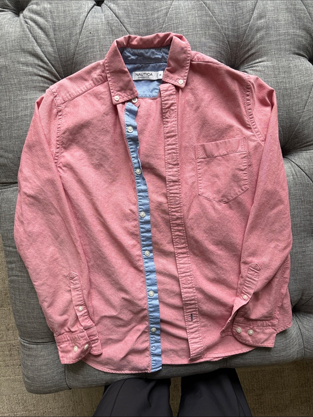 Nautica Men's Coral Pink Button-Down Shirt with Light Blue Placket